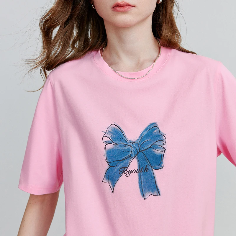 토유스 여성 반팔 티셔츠 2025 여름 신상 리본 프린트 코튼 캐주얼 만능 티셔츠 8521120