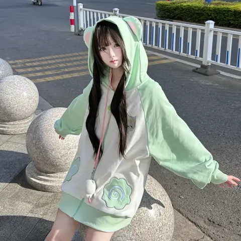 Kawaii Japanese  Sweatshirt Long Seleeve Casual Women Subculture Hoodies Bear Ears Decoration Cute Sweet Style Chic Clothing