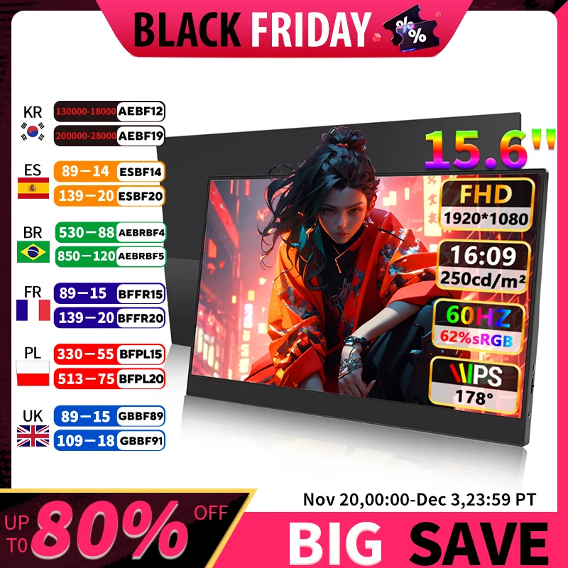 

Портативный монитор 15,6 дюйма FHD 1080P Ультратонкий игровой монитор Встроенный динамик HDR Внешний монитор Plug & Play для ноутбука Mac