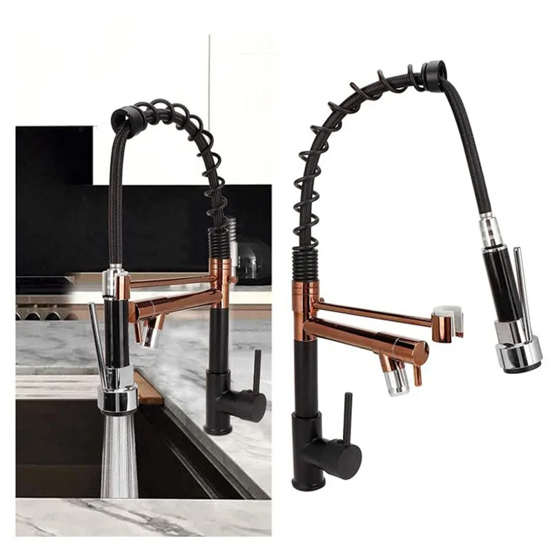 Double-purpose black gold spring kitchen faucet pull-type multi-function pressurized rotating vegetable basin sink faucet