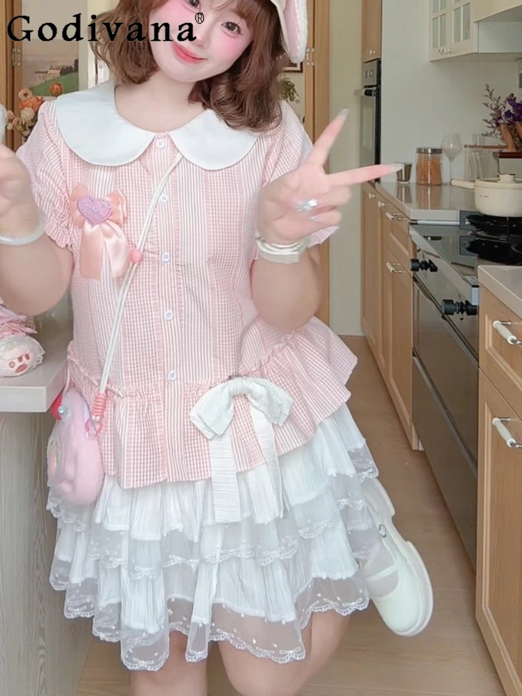 

Large Size Lolita Sweet Bow Peter Pan Collar Short Sleeve Striped Shirt Summer Girl High Waist White Elegant Lace Cake Skirt