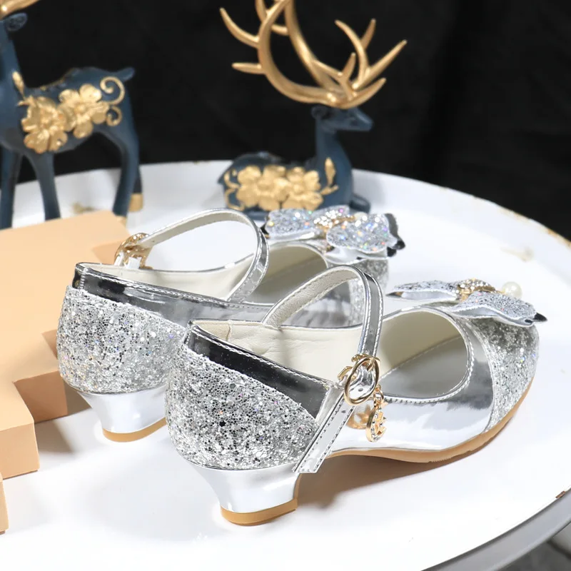 Girls High Heels Shiny Bowknot Sequins Princess Leather Shoes Crystal Dance Performance Children's Shoes Kids Casual Footwear