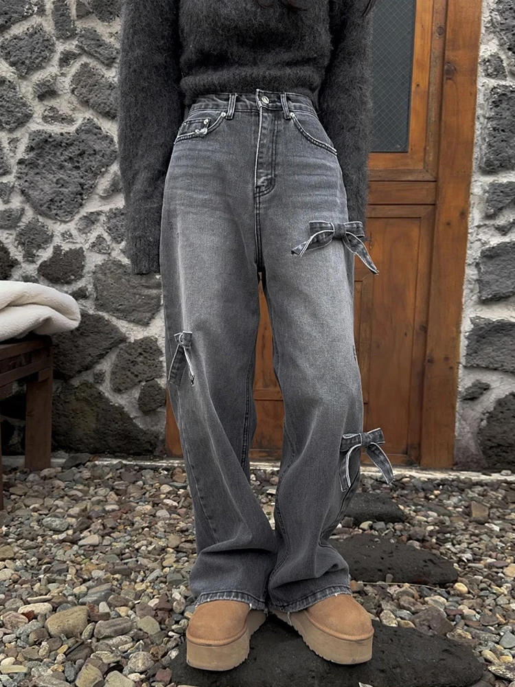 

Ele High Waist Wide Leg Denim Pants Spring Vintage Sle 3D Knot Design Versatile Women's Long Jeans