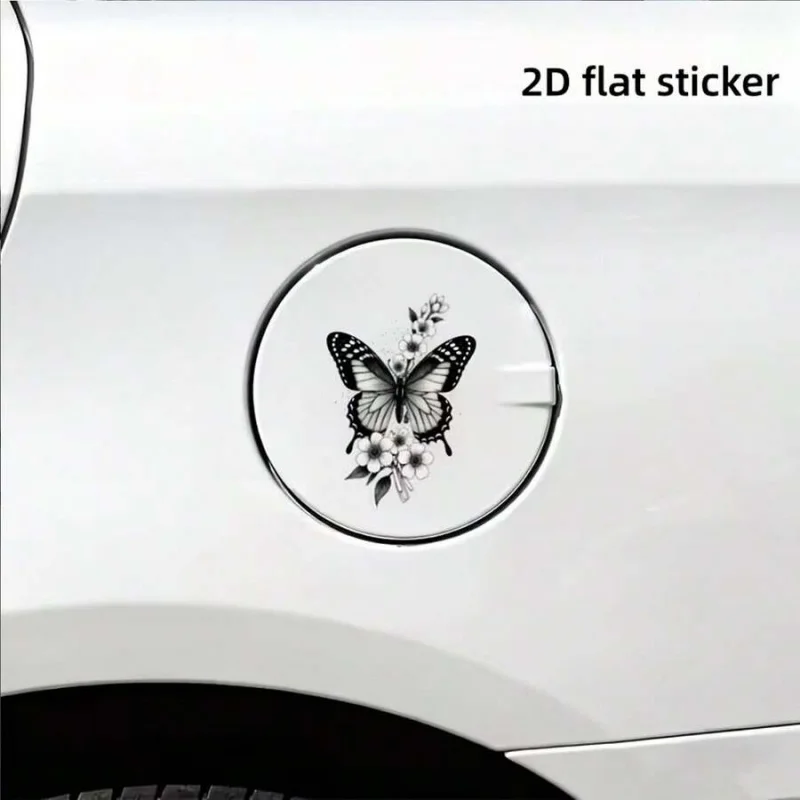 1. A 2D flat sticker for car, in black and white style, with exquisite butterfly and floral elements decorating the sticker.