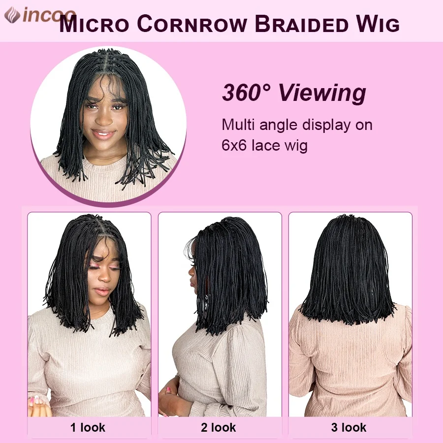 Micro Braided Wigs Short Bob Cornrows Knotless Box Braids Wig For Black Women Synthetic 12'' Tiny Thin Braids 6*6 Lace Front Wig