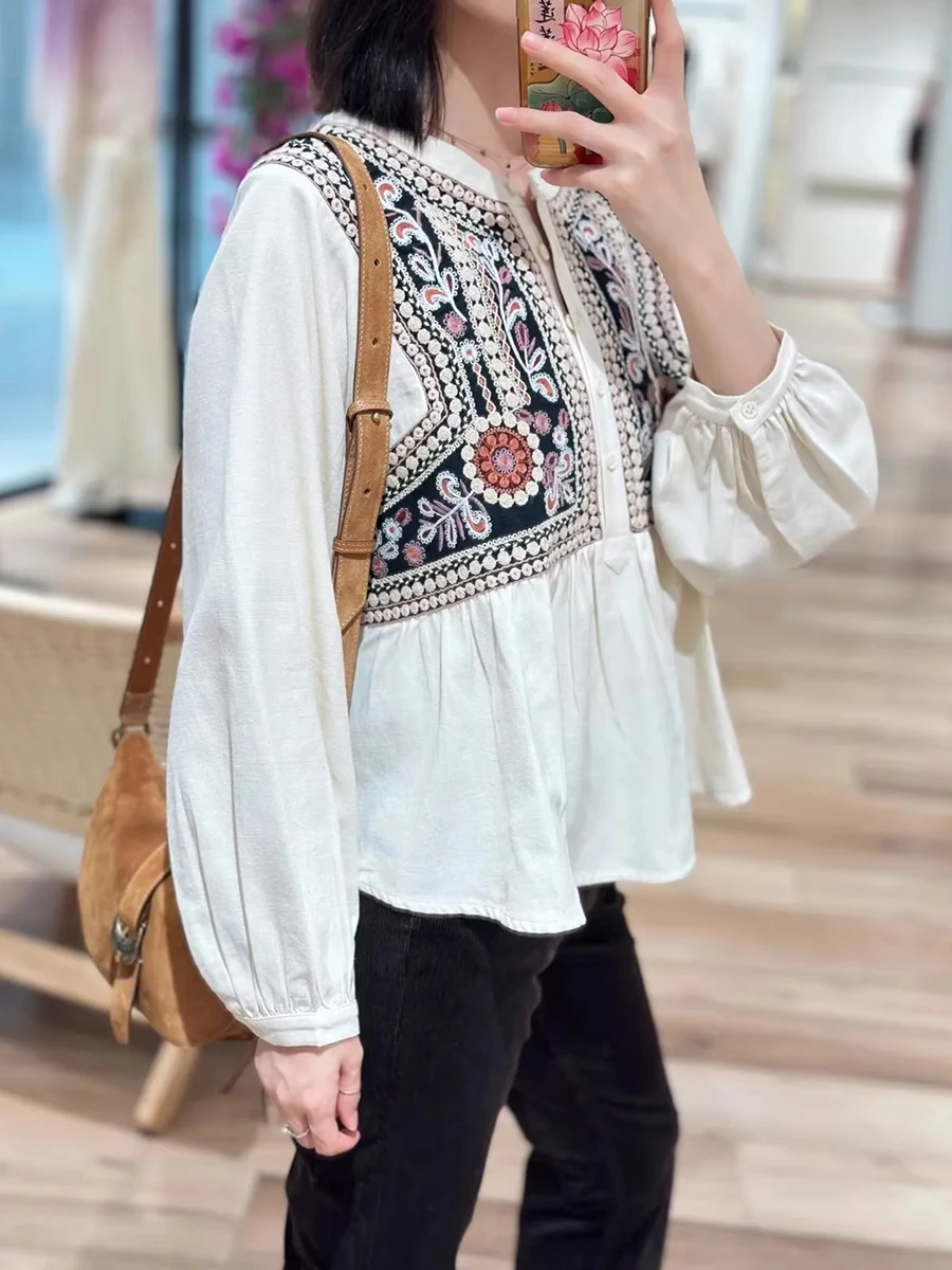 Floral bordado boho camisa feminina primavera outono tripulação pescoço retalhos designer camisas vintage topos senhora blusas elegantes 2026