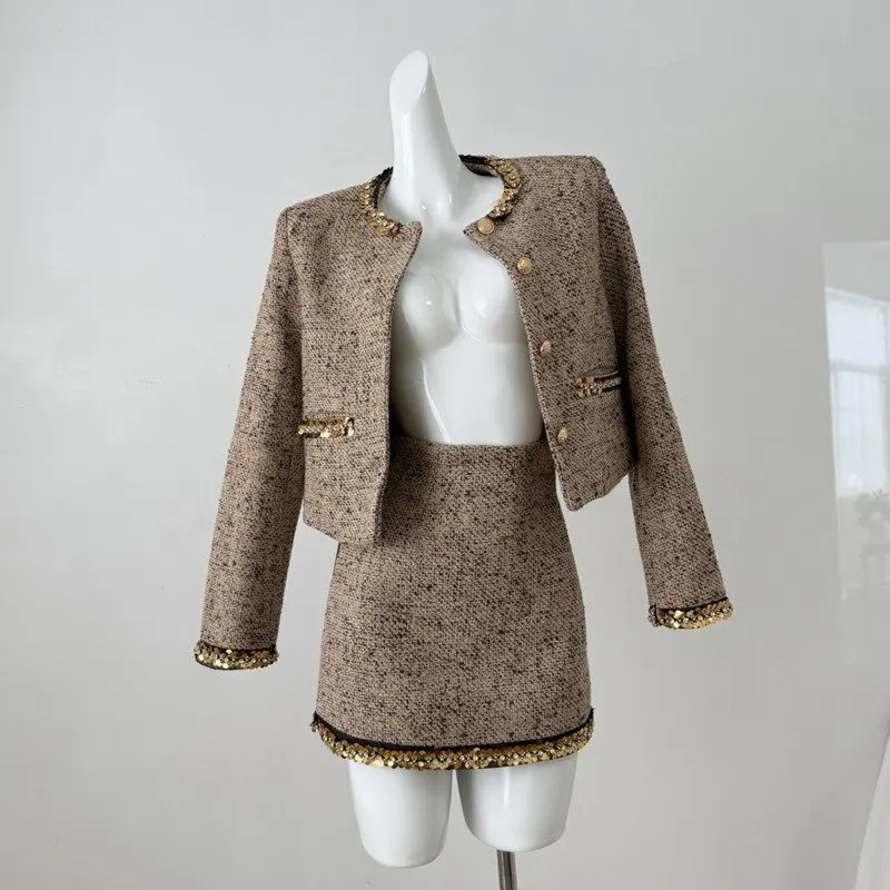 High Quality French Small Fragrance Tweed 2 Piece Sets Women Outfits Fashion Vintage Short Jacket Coat + Skirt Two Piece Suits