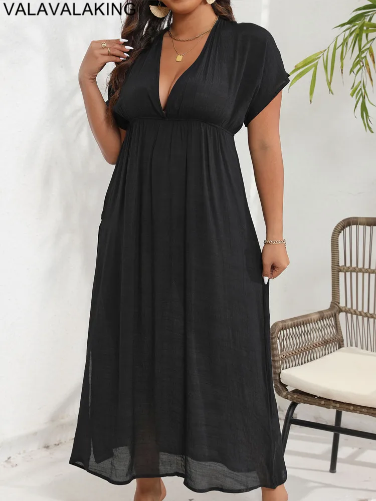 2025 Women Solid Plus Size Cove Up Short Sleeve Large Loose Big Tunic Lady Chubby Beach Dress Brazilian Mesh Swimsuit Cover-Up