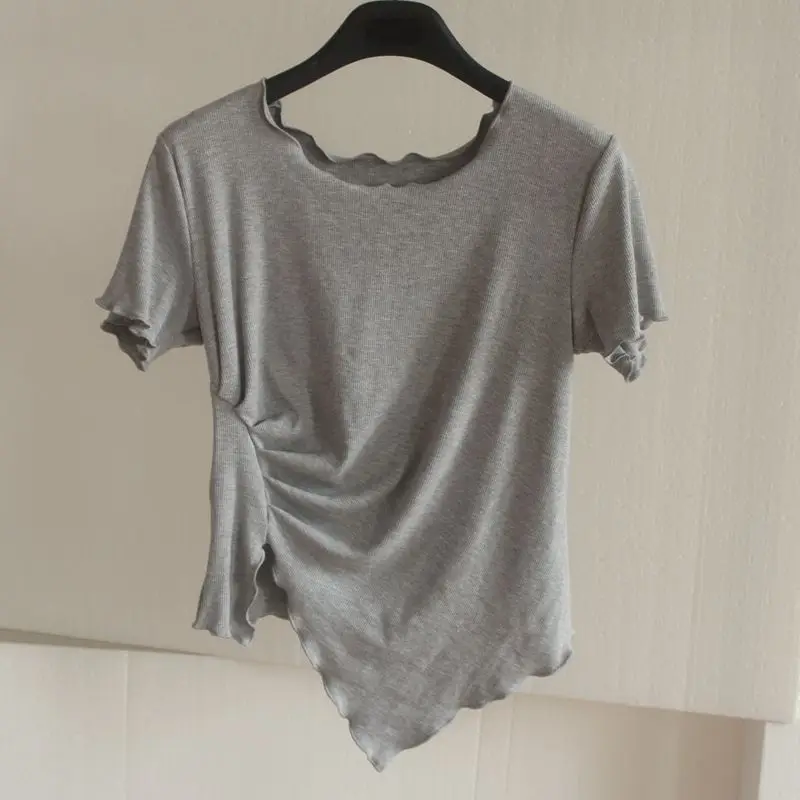 

Fashion V-Neck Spliced Folds Irregular T-Shirts Female Clothing Summer New Loose Korean Tops Asymmetrical Tee Shirt