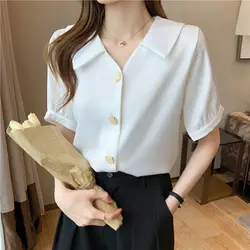 Summer Chiffon Solid Color Bubble Sleeve Shirt for Women's Loose Slimming Simply Temperament Shirt Short Sleeve Professional Top