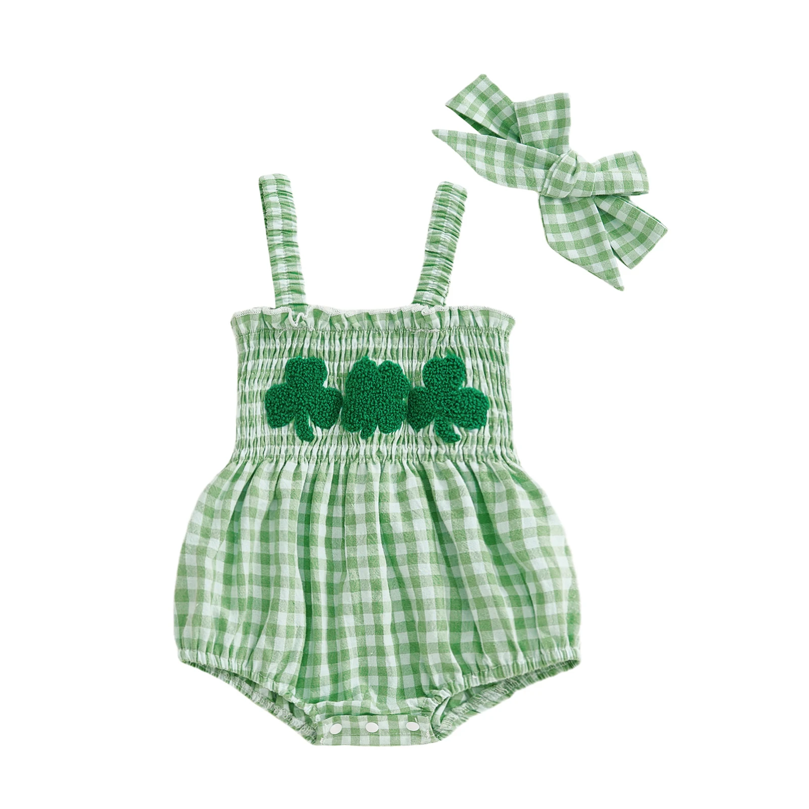 

Irish Festival Baby Girls 2 Piece Outfits Sleeveless Square Collar Shamrock Embroidery Plaid Jumpsuit with Headband