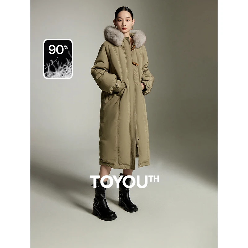 

Toyouth Women Long 90% White Duck Down Jacket 2024 Winter Fox Collar Thick Hooded Coat Horn Button Warm Chic Green Overcoat