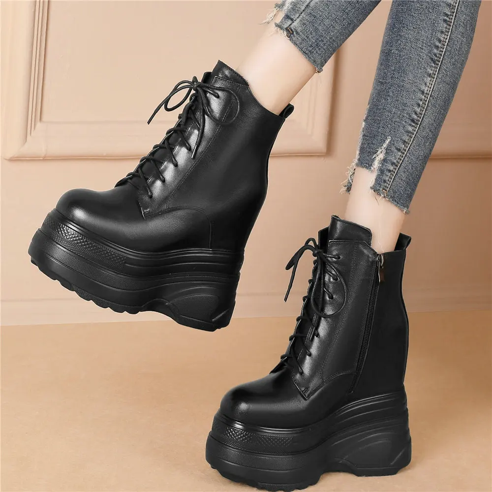 

Winter Pumps Women Lace Up Genuine Leather Wedges High Heel Ankle Boots Female Round Toe Platform Fashion Sneakers Casual Shoes