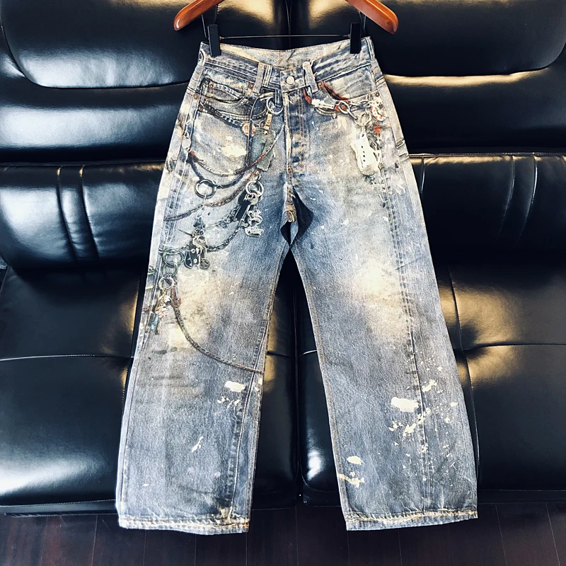 

High Quality Loose Fit Men's Jeans Straight Leg Printed Design Spring Autumn Cotton Stretch Denim Casual Fashion