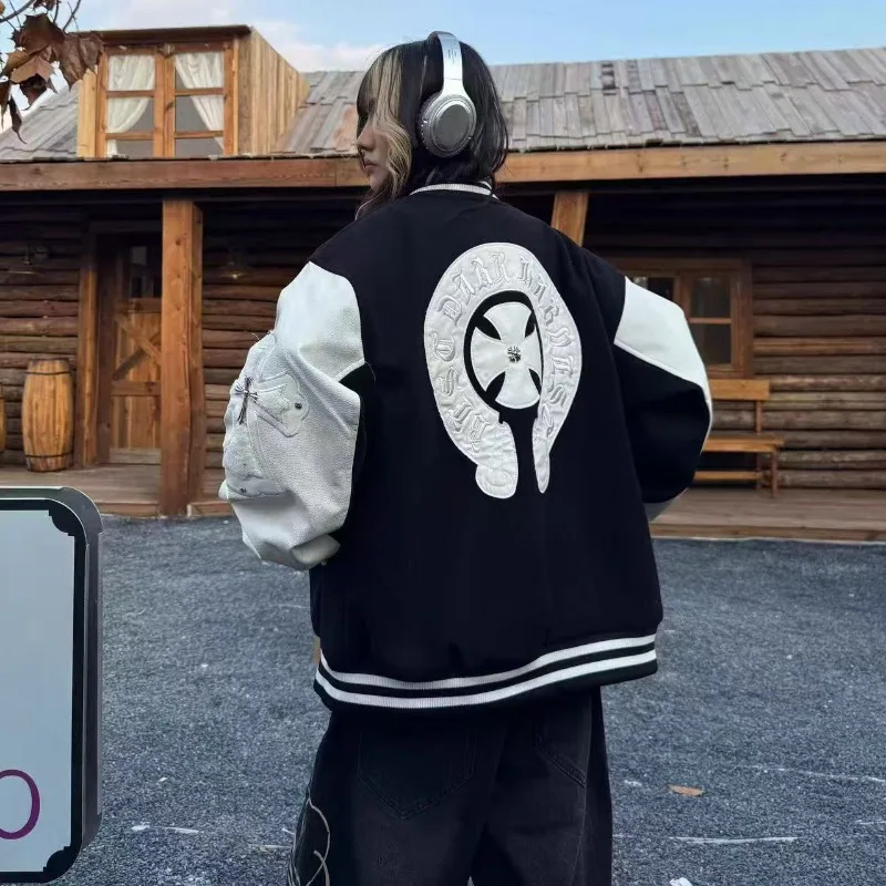 

Retro Embroidered Bomber Jacket Men Spliced PU Leather Sleeves Streetwear Baseball Jacket Coats Varsity Jacket Men Clothing