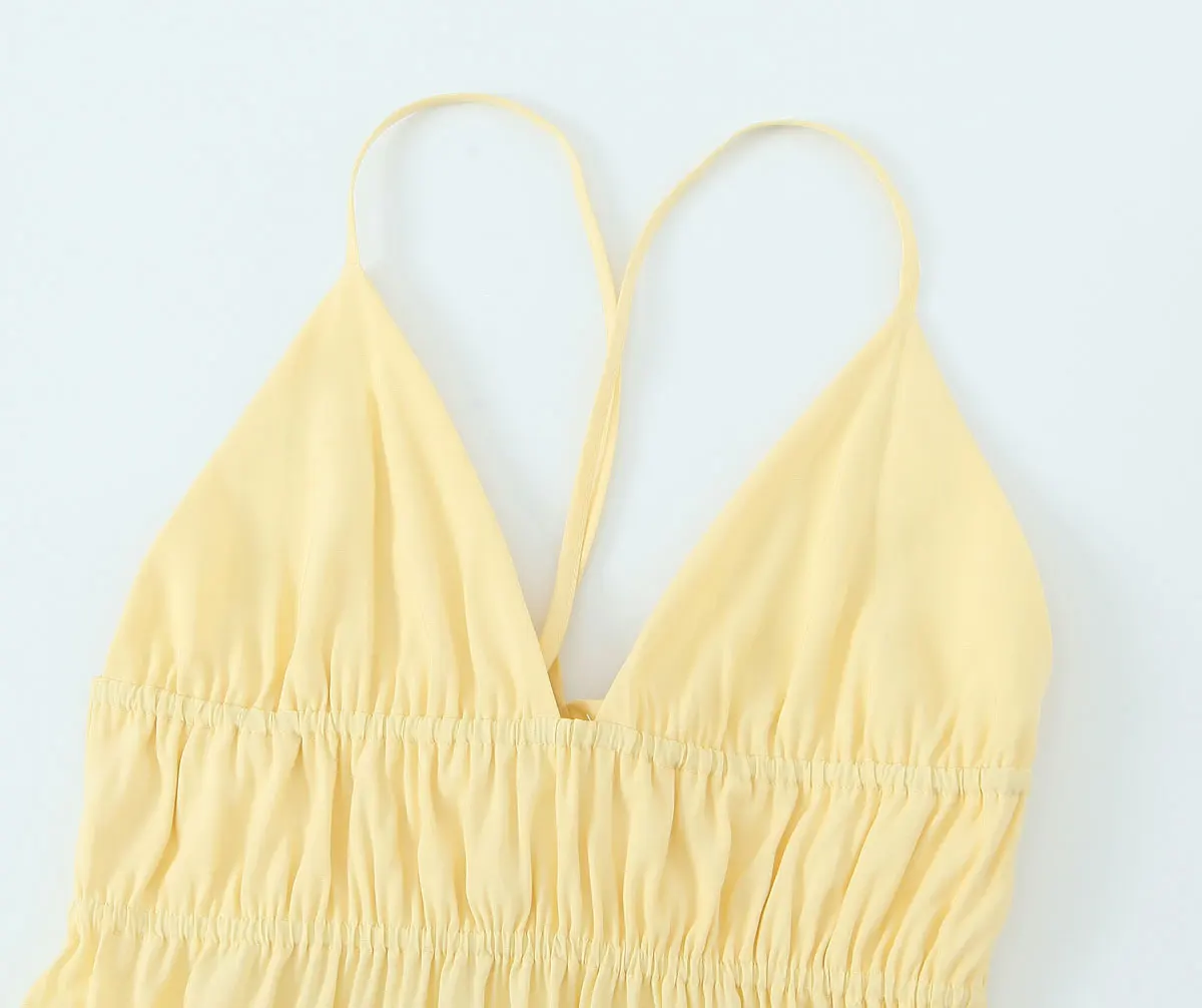 Casual zomerjurk voor dames V-hals rugloze losse midi-jurken Vakantie strandstijl Chique elegante sexy vrouw gele jurk