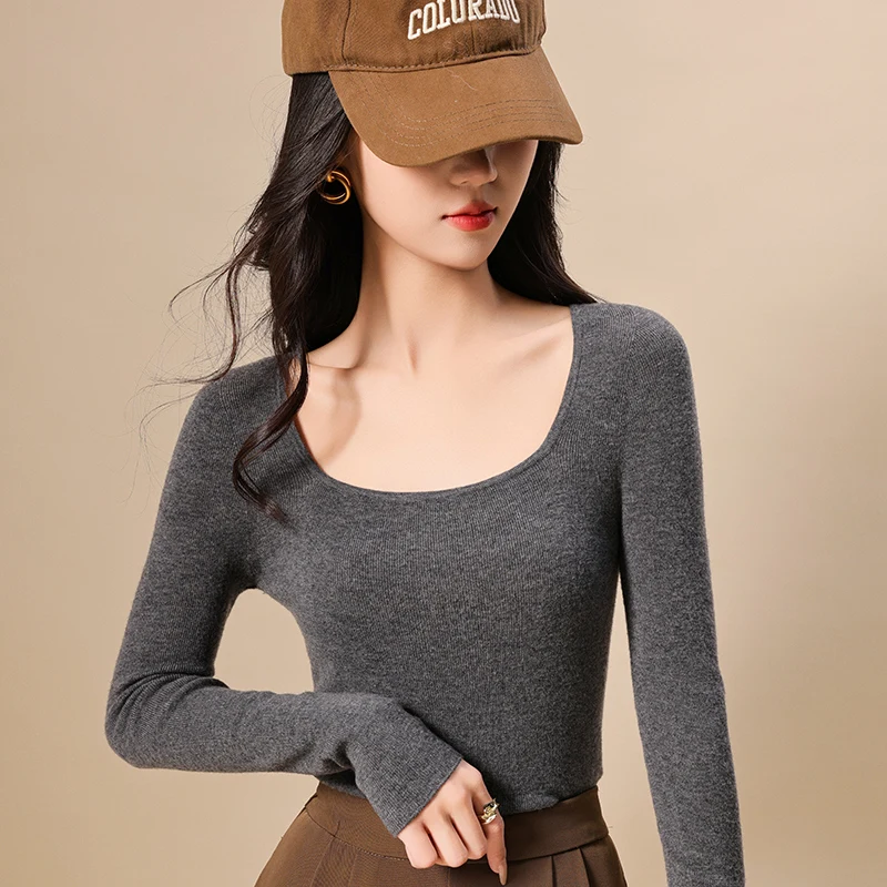 Seamless 100% Ultra-Fine Wool Sweater Autumn And Winter Thin Long-Sleeve Base Shirt For Women U-Neck Knitted Sweater