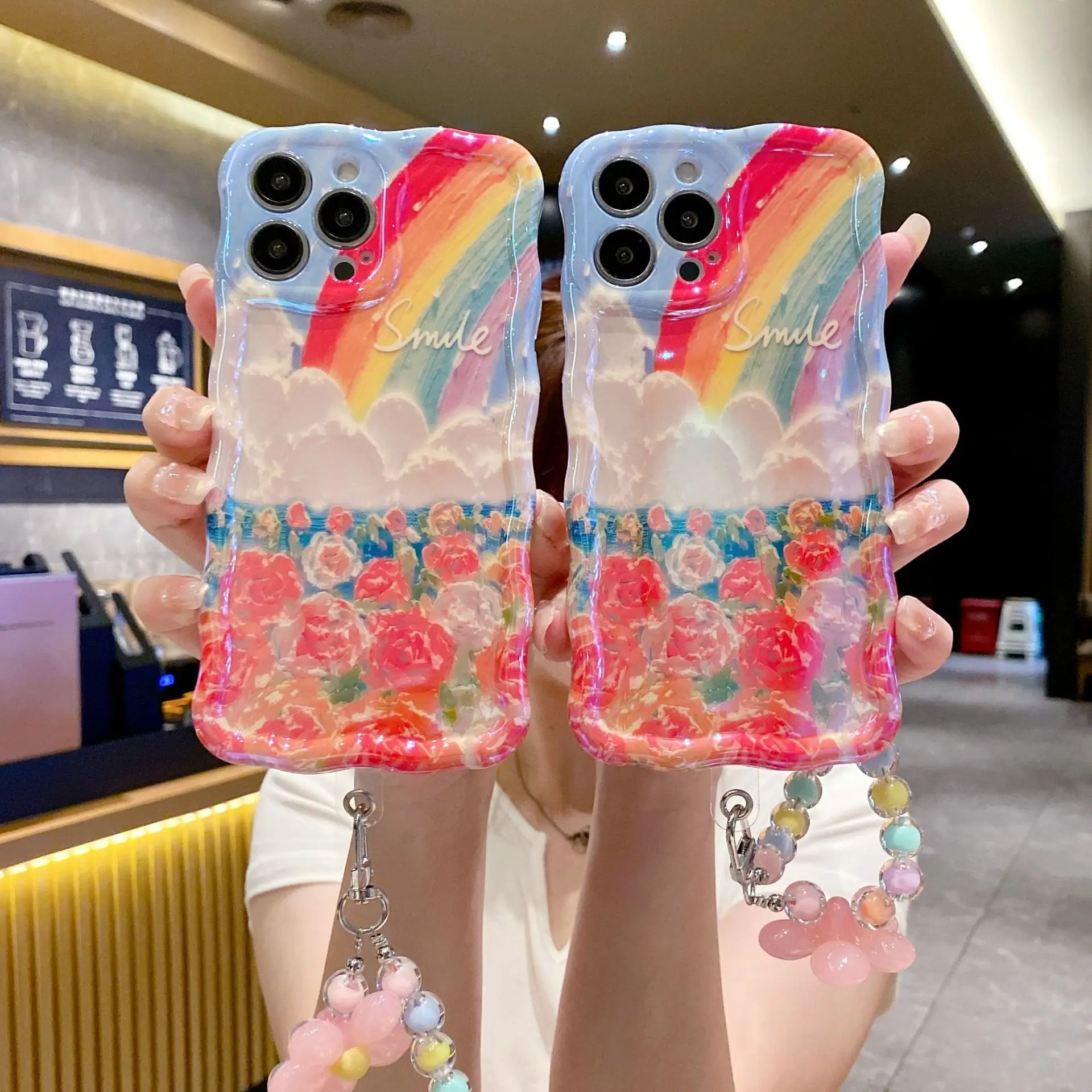 

New Suitable for iPhone 15 promax Oil Painting Rainbow Flower Phone Case 13 14 12 Flower Bracelet 11 Silicone Protection Cover