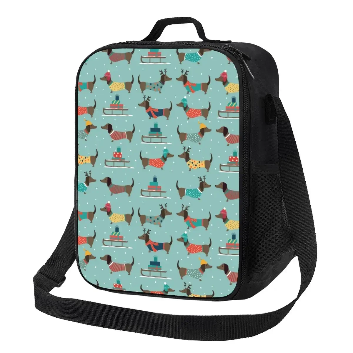 Christmas Dachshund Dog Pattern Thermal Insulated Lunch Bags Badger Sausage Dog Lunch Tote for Work School Travel Bento Food Box