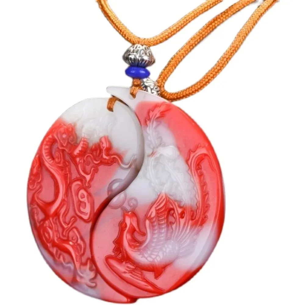 

2pcs Natural Red Gemstone Dragon Phoenix Amulet Pendant Necklace Women Men