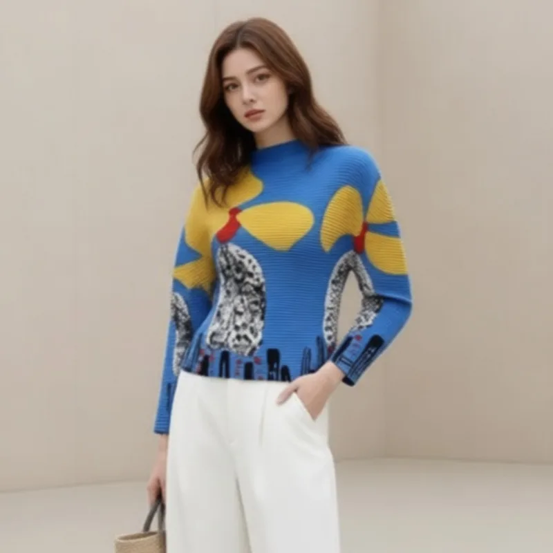 

Pleated Women's T-shirt 2026 Miyake New Simple Bottoming Shirt Pleated Temperament Thin Half-high Neck Top Stretch Thin Clothing