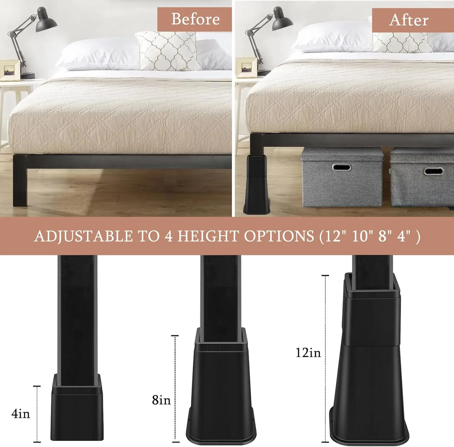 Bed Risers 12 Inch Heavy Duty, Furniture Risers Lifts 12 8 4 for Table, Desk Leg, Sofa, Couch, Adjustable Bed Frame Ri
