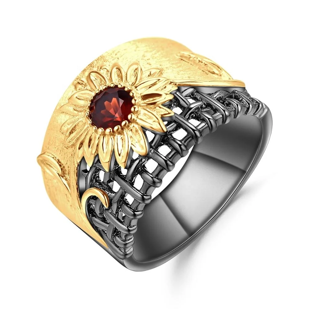 

Natural garnet gemstone gold plated 925 sterling silver flower ring for women