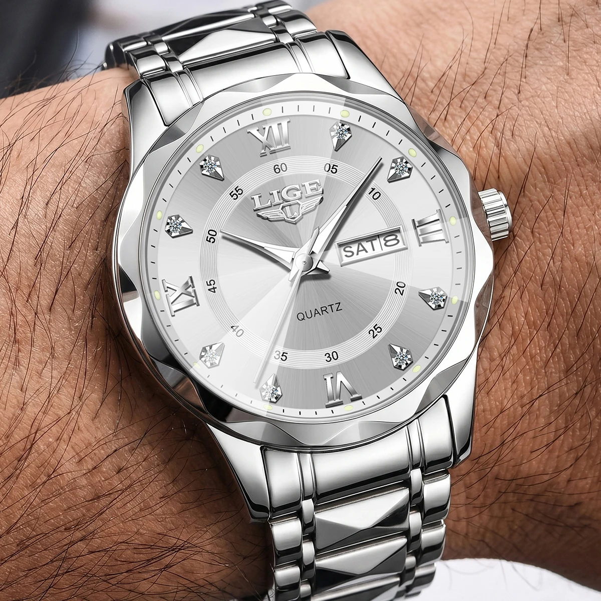 LIGE Top Brand Luxury Men's Watches Waterproof Diamond Luminous Calendar Week Watch For Man Casual Stainless Steel Quartz Watch