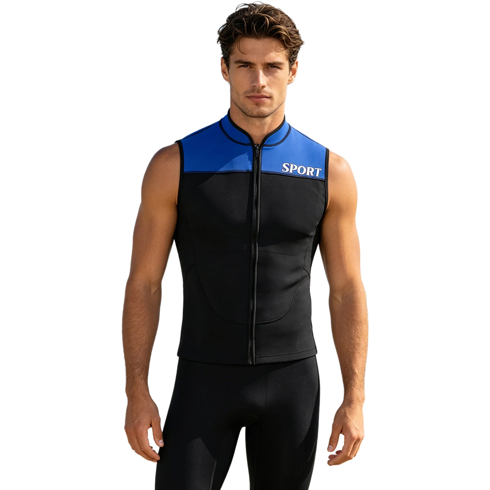 Herren-Neoprenanzugweste aus 3 mm Neopren, ärmellos, mit Reißverschluss vorne, kontrastfarbenes Oberteil zum Tauchen, Surfen, Kajakfahren, Schwimmen – Detail 11