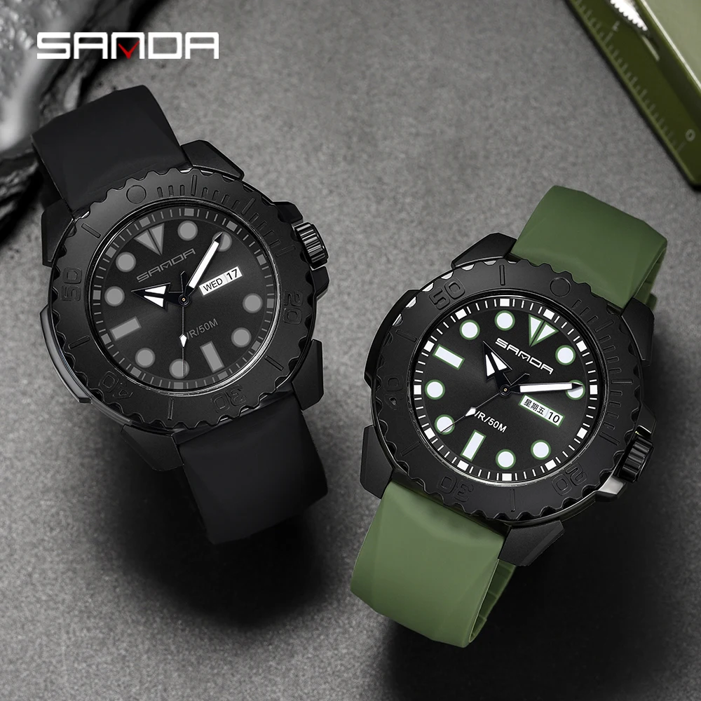 SANDA Casual Fashion Mens Quartz Wrist Watch Silicone Strap Weekly Calendar Display 2023 Fashion New Men Watch Reloj Hombre 3118