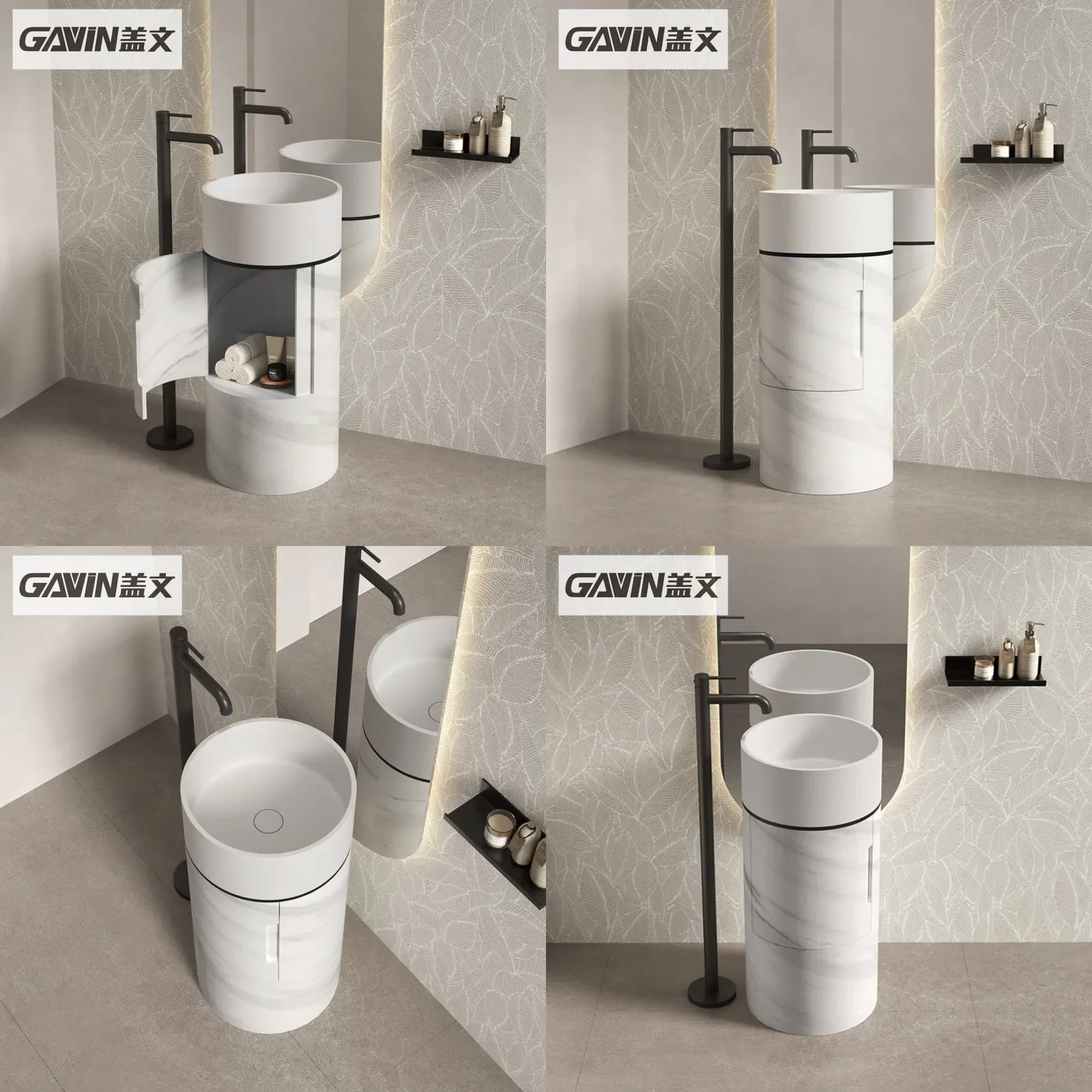 BJ Gavin One-Piece Floor-Standing Marble Pattern PMMA Washbasin Round Storage Pedestal Sink Artificial Stone Vanity