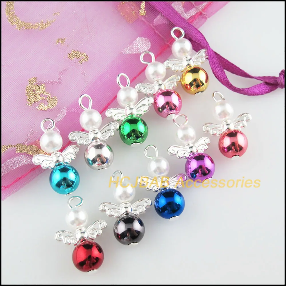 20Pcs Silver Plated Angel Mixed Acrylic Ball Charms Pendants 14x22mm HCJBAB