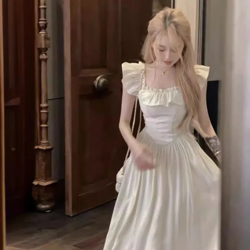 2025 Nieuwe Zomer Zoete Lange Jurk voor Vrouwen Elegante Vierkante Kraag Ruche Witte Fee Jurken Temperament Hoge taille Vestidos