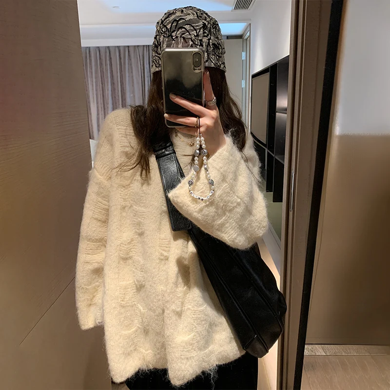 Lazy Style Frayed Sweater Women Autumn Winter Soft Warm Harajuku O-Neck Pullover Sweaters Y2K Trend Knitted Pullovers Tops Woman