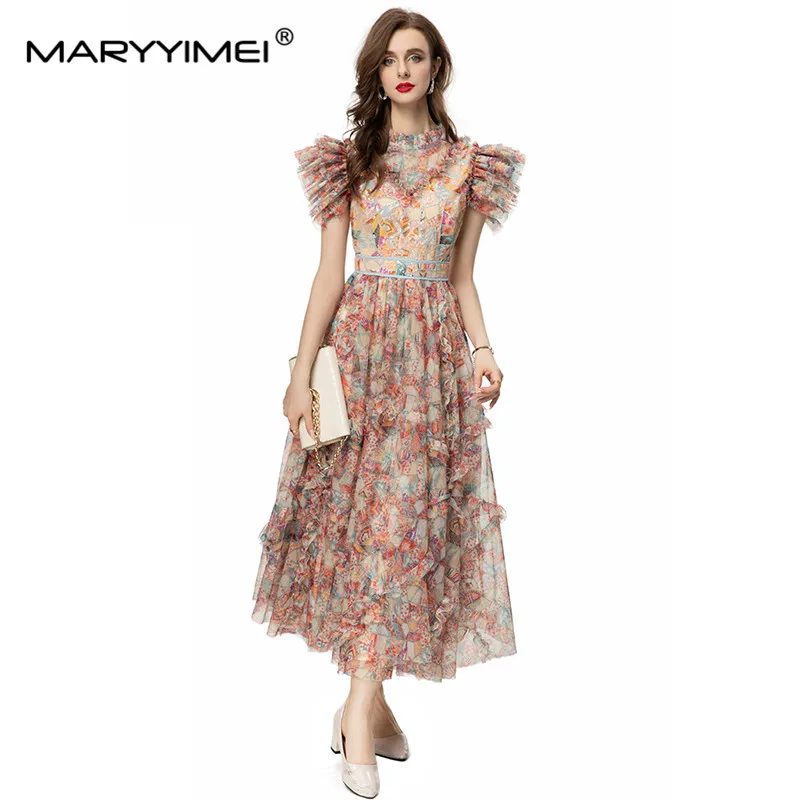 Mary yimei-Vestidos estampados con volantes y lentejuelas para mujer, vestidos de columpio grandes, cuello levantado, empalme Delgado, diseñador de moda, primavera y verano