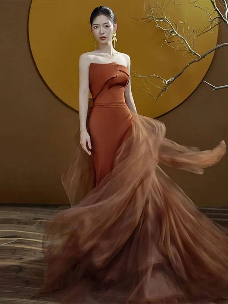 

Ele Fi Tail Bridal Dr Svel Long Evening Gown for Wedding Engagement Par Formal Ocn Polyester Fabric