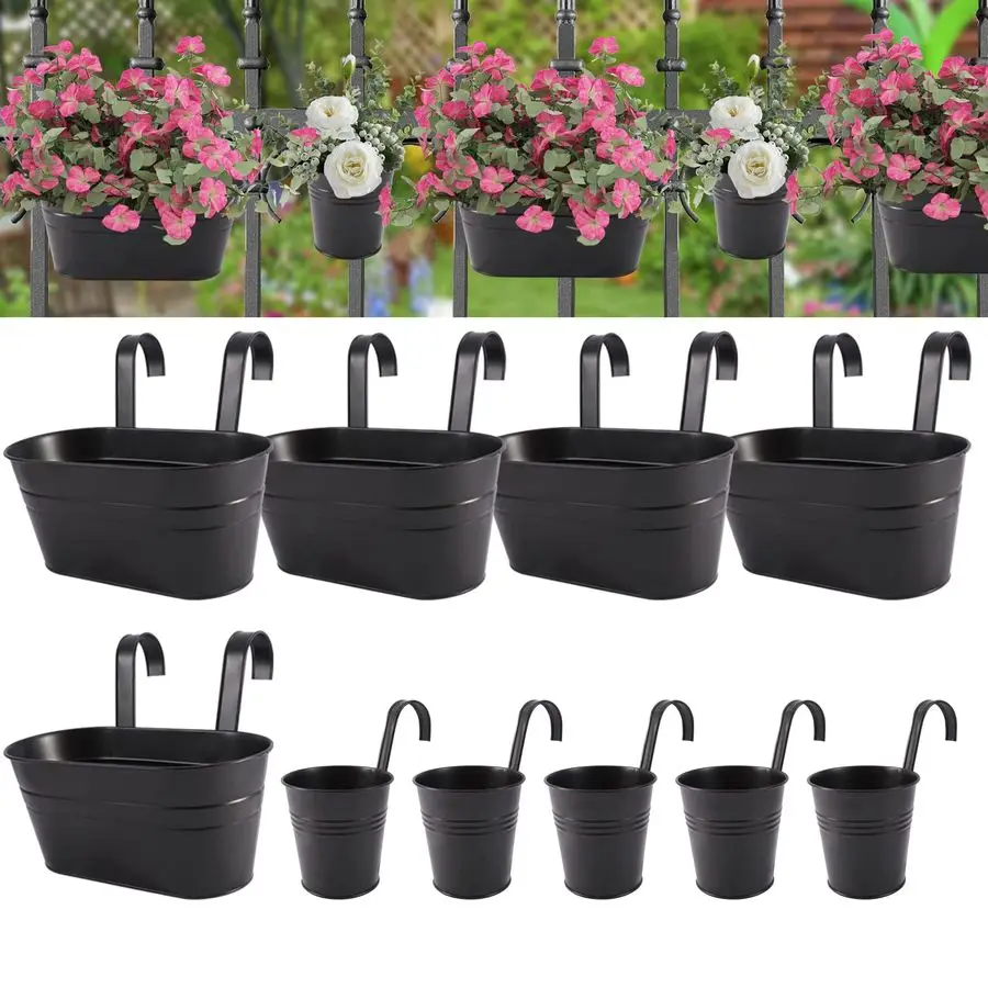 

Iron Flower Pots for Railing Fence Hanging Bucket Pots5 Pcs and Hanging Flower Pots Metal Iron Bucket Planter10 Pcs Black