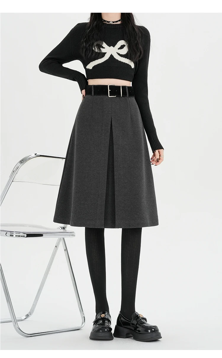 Hochgeschnittener Rock für Damen, Herbst/Winter 2026, Neuheit, Wollrock für Damen, Grau oder Schwarz, A-Linien-Rock für Damen mit Gürtel, Bestseller – Detail 17