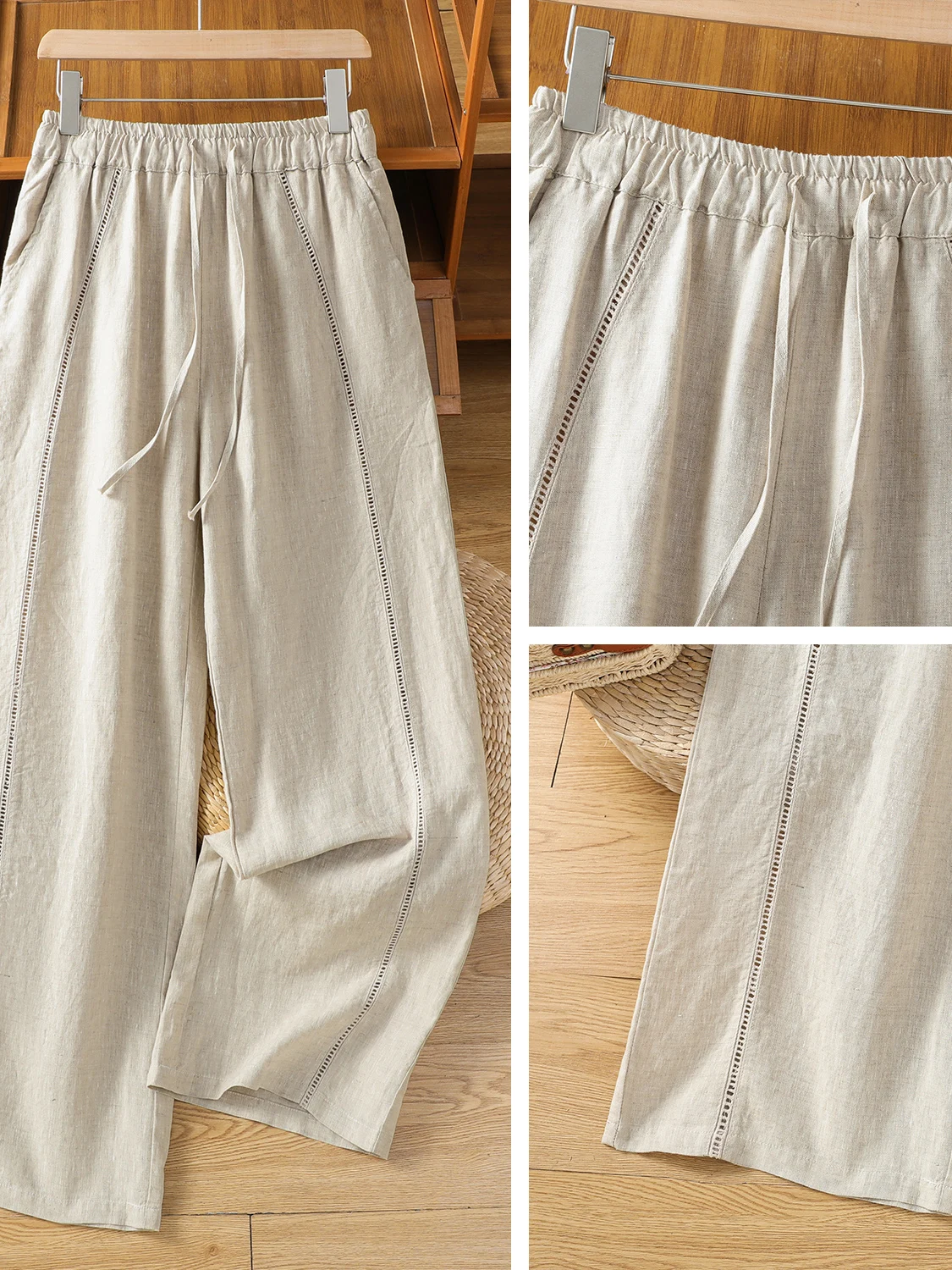 

Versatile Wide Leg Pants with Belt Hollow out Splicing Summer New Style Linen Slimming Casual Pants for plus Size Women