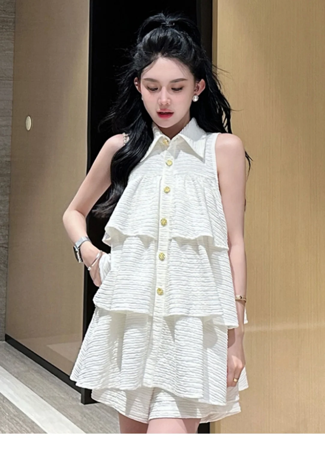 2024 Women Summer French Halter Ruffles Sleeveless Shirt All-match High Waist Wide Legs Shorts Temperament Sweet Two Piece Set