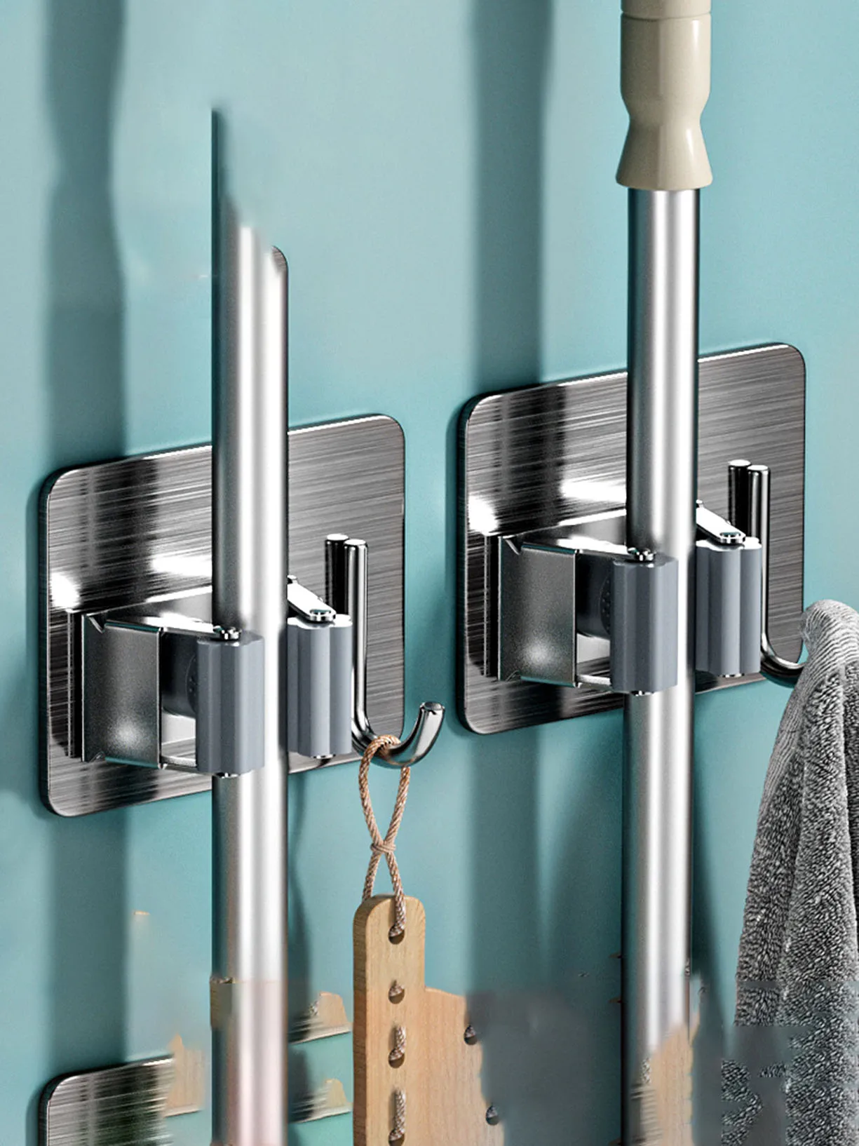 1Pcs Stainless Steel Household Storage Rack Bathroom Nail-free Hook Wall-mounted Mop Storage Rack Waterproof Broom Rack