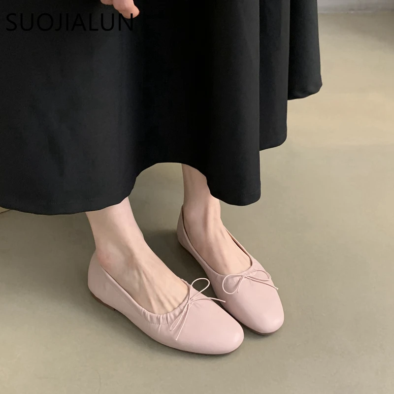 SUOJIALUN 2024 Spring New Women Flat Fashion Round Toe Bow-knot Slip On Ballerinas Shoes Soft Flat Ladies Casual Dress Ballet Sh