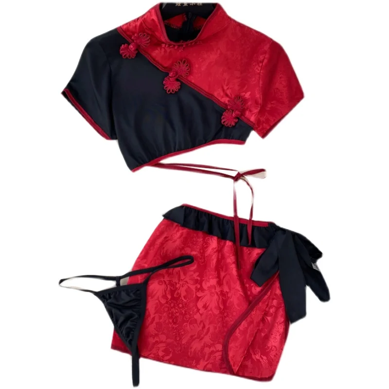 Classical Cheongsam Cosplay Traditional Dress Women\'s Gothic Punk Sleepwear Sexy Lingerie Set Black Red Temptation Qipao Skirt