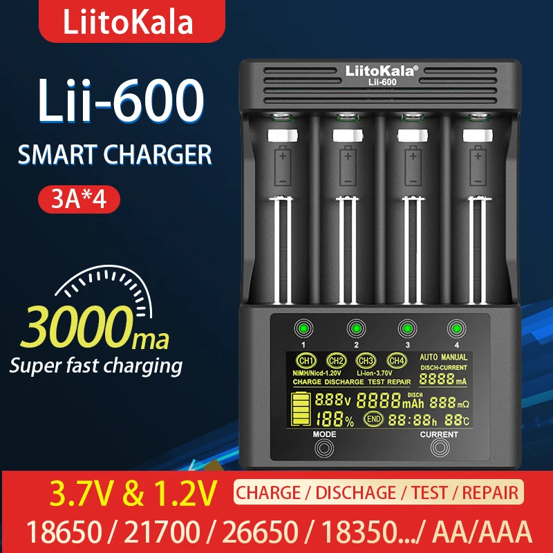 Liitokala lii600 lii500 liipd4 pd2 LCD 3.7V/1.2V AA/AAA 18650/26650/16340/14500/10440/18500 Battery Charger with screen