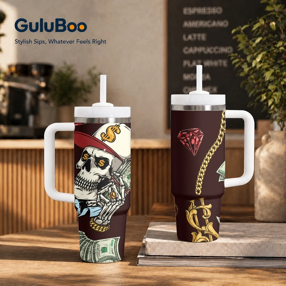 Skeletons and Money Vacuum Flasks 40oz Stainless Steel Insulated Tumbler with Handle & Straw Leakproof Travel Mug