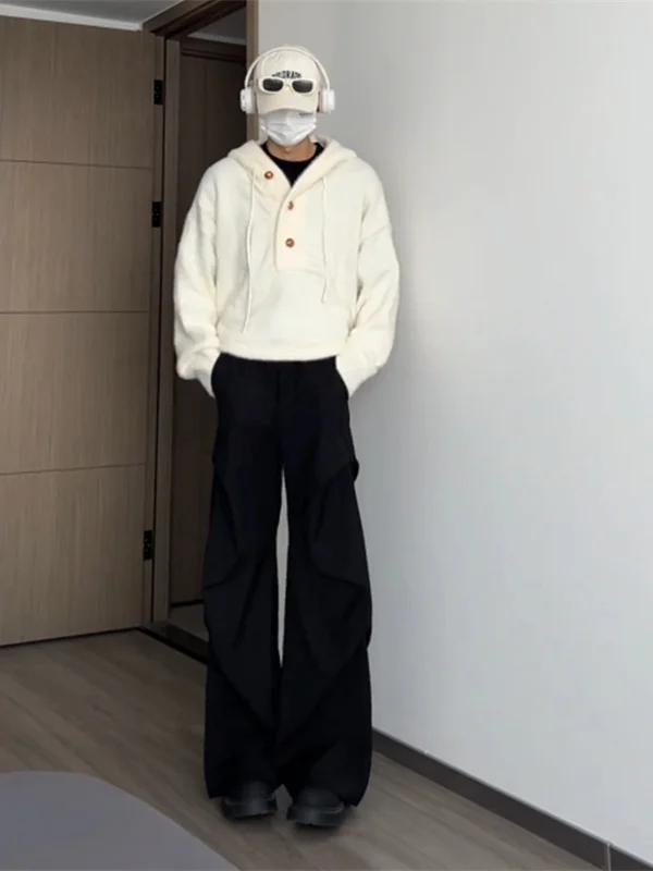 

American Style Pleated Paratrooper Suit Pants Men's Loose Casual Heavyweight INS Flared Pants High-End Black Suit Pants