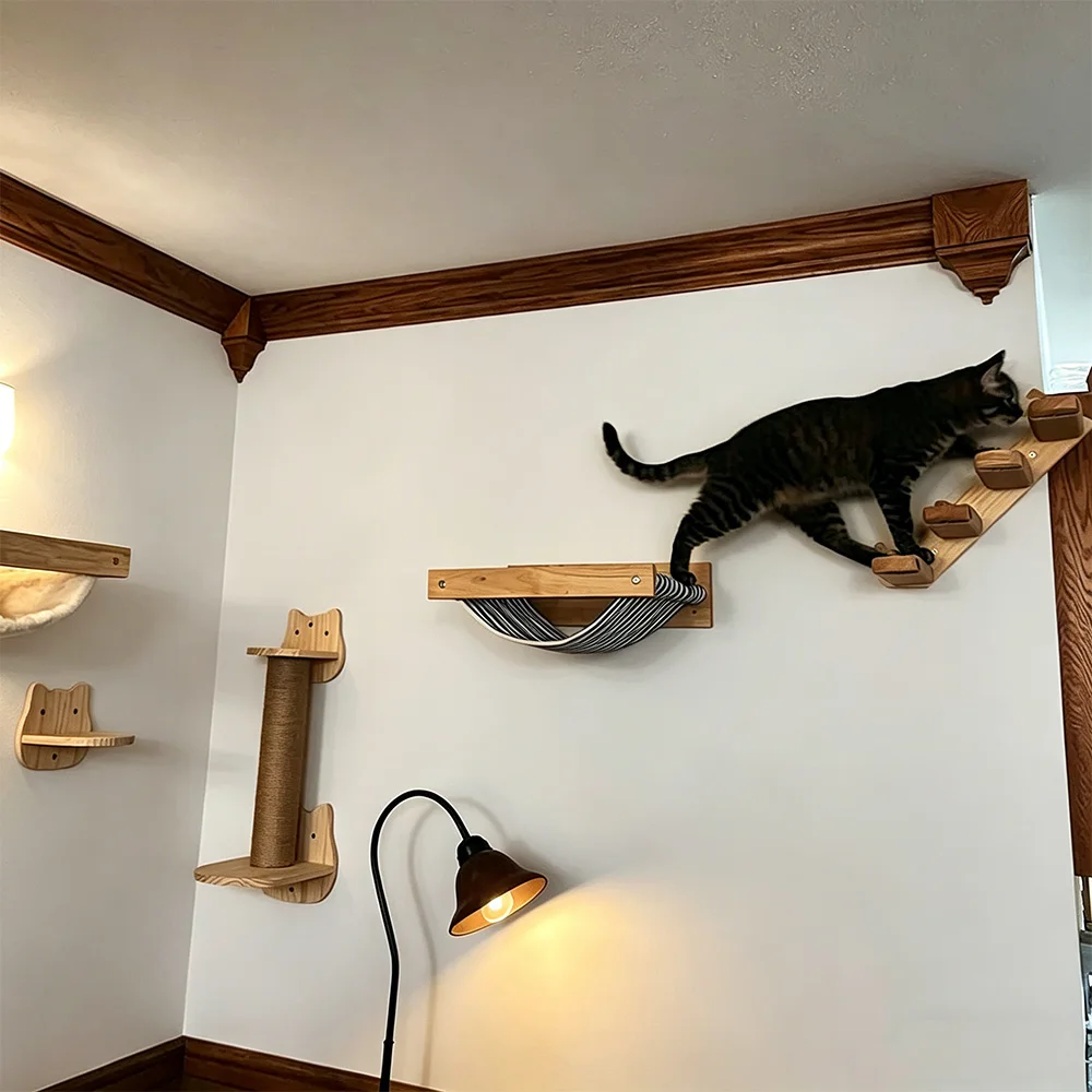 Centro de actividades de madera para gatos – Rascador, hamaca y escalada en pared - imagen 5