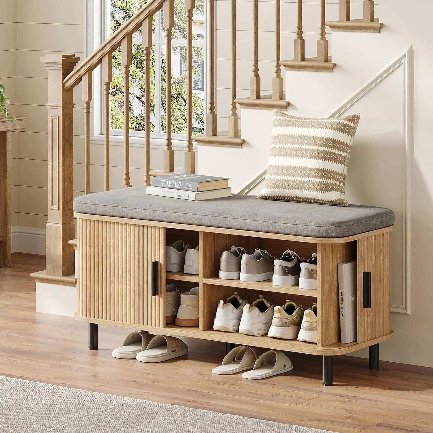 Shoe Storage Bench Fluted Doors, 2-Tier Organizer, Adjustable Shelf & Cushion Seat, Entrance 39