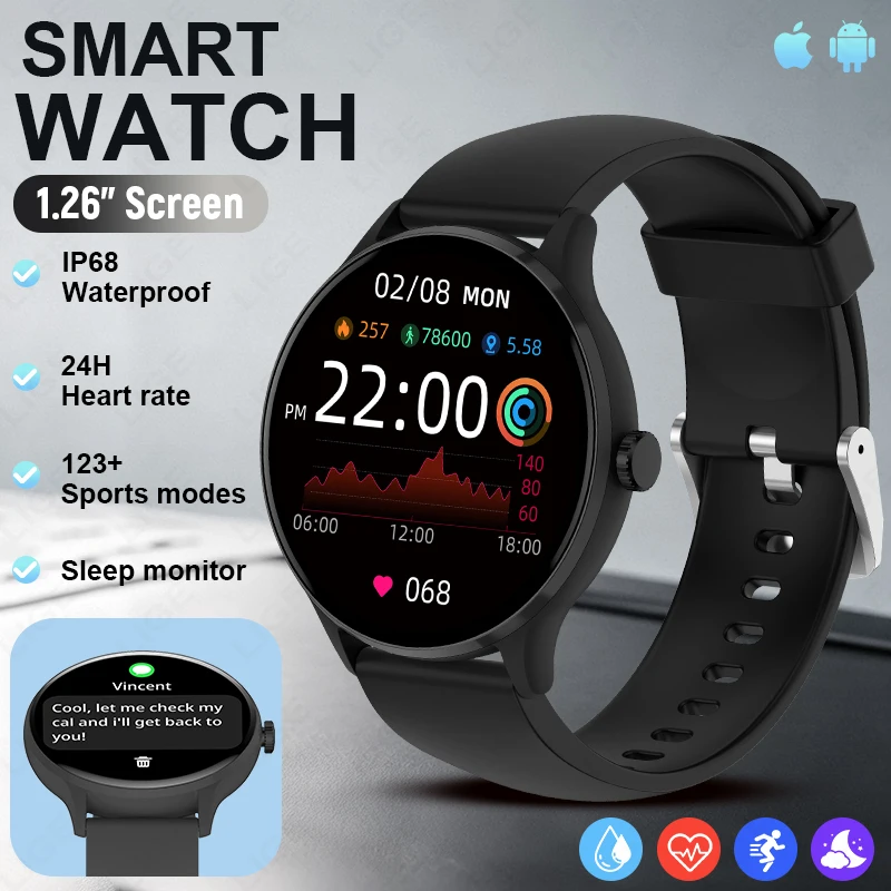 LIGE Wireless Call Smartwatch mit 1,26 Zoll HD-Bildschirm, 123+ Sportmodi, IP68 wasserdicht, 24/7 Gesundheitsüberwachung, Schlaftracker für Android i