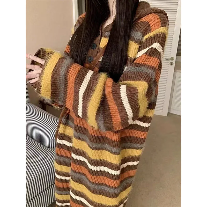 الموضة الملونة المشارب مقنعين سترة طويلة البلوز المرأة سترة مشغولة من الصوف سترة الربيع الخريف الشتاء معطف قاع قميص #2